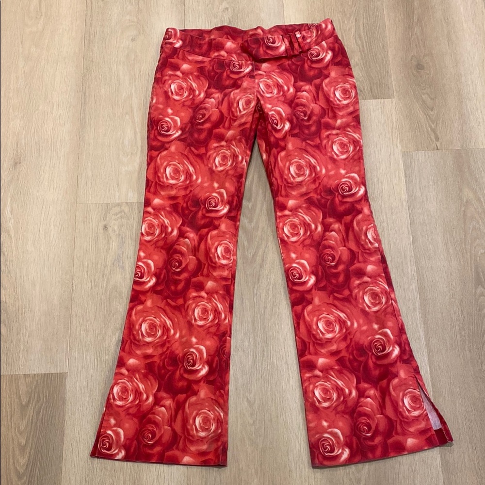 Vintage Y2K Crystal USA Floral Red Rose Pants Juniors Large